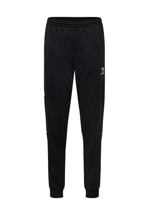 Sorte atletikbukser med elastisk talje, tilspidsede ben, manchetter ved anklerne og lille hvidt logo på øverste lår.