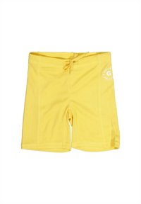 Gelbe Badeshorts aus leichtem Material, mit einem Kordelzugbund, mittellanger Schnittform und einem kleinen Logodetail an der Seite.