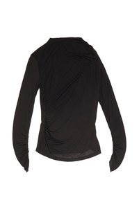 Czarna bluzka z długim rękawem, ozdobiona drapowaniem i marszczonymi bokami. Miękki, lekki materiał z dopasowanymi rękawami.