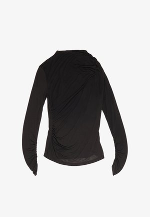 Czarna bluzka z długim rękawem, ozdobiona drapowaniem i marszczonymi bokami. Miękki, lekki materiał z dopasowanymi rękawami.