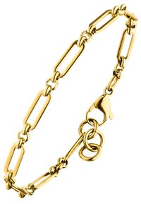 Goldkettchenarmband mit länglichen Gliedern, glänzender Oberfläche, einem sicheren Karabinerverschluss und einem eleganten, ineinandergreifenden Designelement.