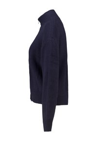 Dark navy ribbed sweater with a high collar and long sleeves. Features a textured knit pattern and a relaxed fit, finishing at the hip.