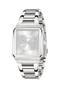 Silberne rechteckige Uhr mit einem gebürsteten Metallarmband. Sie verfügt über ein strukturiertes silbernes Zifferblatt, minimalistische Zeiger und ein dezentes Markenlogo.