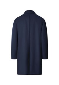 Cappotto di colore navy con colletto strutturato, maniche lunghe e linea dritta. Realizzato in tessuto liscio con un design minimalista. Nessun hardware visibile.
