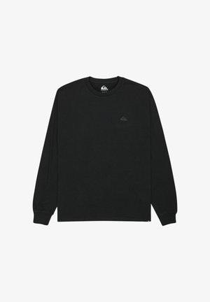 Czarna koszulka z długim rękawem i okrągłym dekoltem, z małym logo Quiksilver na lewej piersi i metką przy dolnym brzegu.