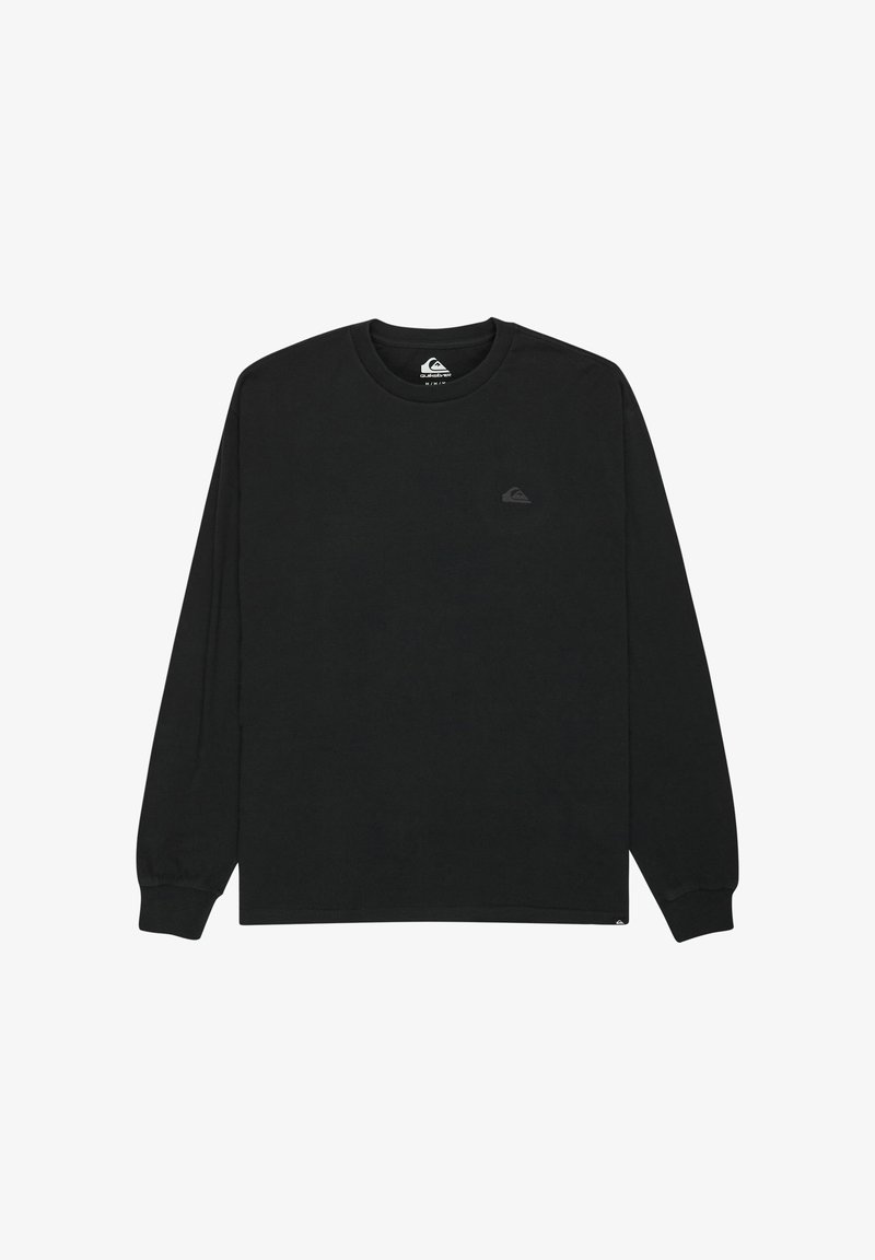 Schwarzes Langarmshirt mit Rundhalsausschnitt, kleinem Quiksilver-Logo auf der linken Brust und Etikett nahe dem unteren Saum.
