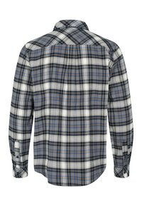 Ilga rankovėmis suknelė su languotu raštu, kuriame dominuoja mėlyna, pilka ir balta spalvos su oranžinėmis detalėmis, pagaminta iš medvilnės. Mygtukais siejamos rankovės.