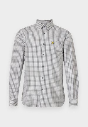 Long-sleeve button-up shirt in checkered pattern, gray and white. Features a yellow logo on the left chest, with a classic collar and cuffs.