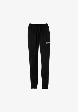 Schwarze Sweatpants aus weichem Stoff mit elastischem Bund und gerippten Bündchen. Mit einem weißen "Kempa"-Logo am linken Bein.