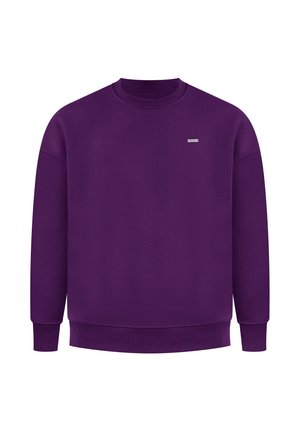 Fioletowy sweter z okrągłym dekoltem, z prążkowanym kołnierzem, mankietami i dołem. Posiada małą metkę z logo z przodu. Wykonany z miękkiego materiału.