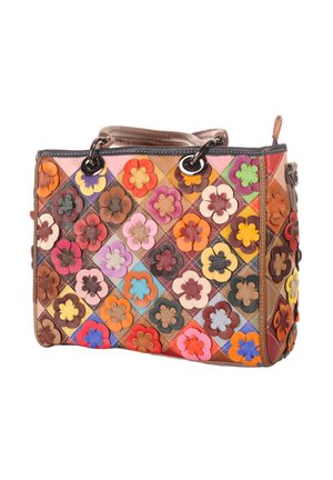 Patchwork leather handbag with colorful 3D flower appliqués in a grid pattern and black metal ring handles.