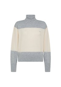 Maglione a dolcevita a righe grigio chiaro e crema con polsini e orlo a costine, caratterizzato da un piccolo logo sul petto. Tessuto a maglia morbido.