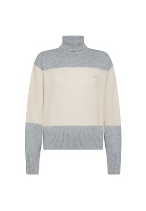 Maglione a dolcevita a righe grigio chiaro e crema con polsini e orlo a costine, caratterizzato da un piccolo logo sul petto. Tessuto a maglia morbido.