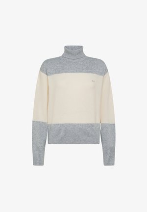 Maglione a dolcevita a righe grigio chiaro e crema con polsini e orlo a costine, caratterizzato da un piccolo logo sul petto. Tessuto a maglia morbido.