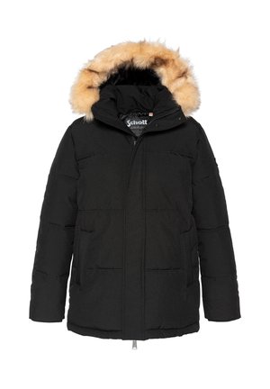 Schwarze Steppjacke mit abnehmbarem Kapuzenbesatz aus hellbraunem Kunstpelz, Reißverschluss und zwei Seitentaschen. Strukturierter gesteppter Look.