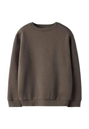 Effen bruine crewneck sweatshirt met lange mouwen en geribde manchetten en zoom, weergegeven tegen een witte achtergrond.