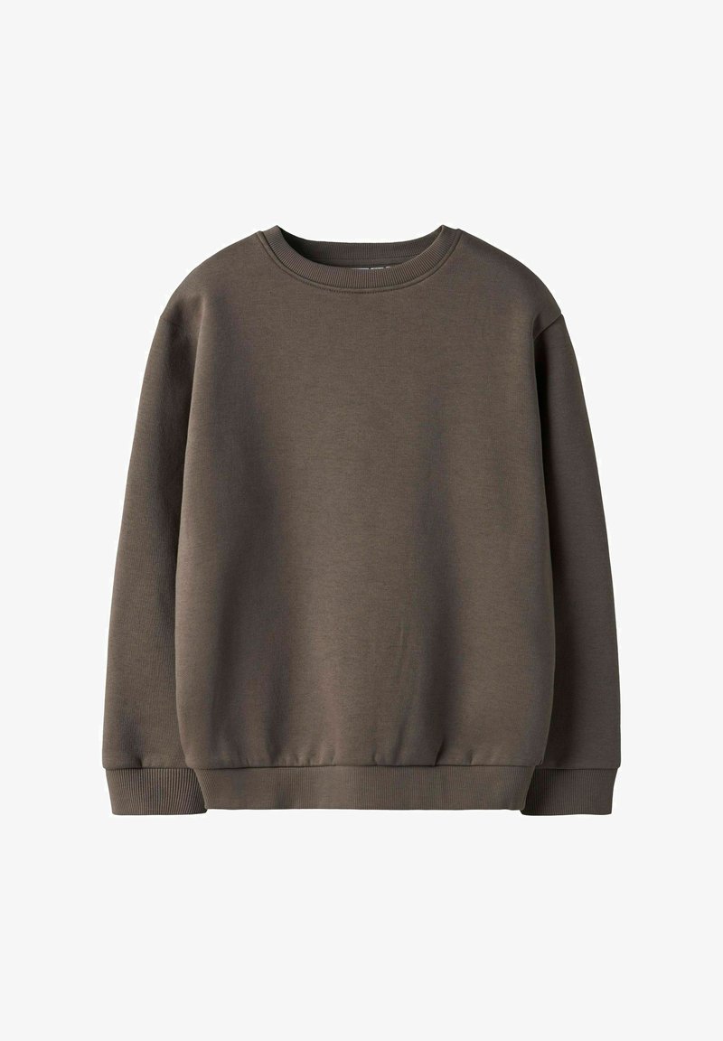 Felpa marrone semplice con collo rotondo, maniche lunghe e polsini e orlo a coste, esposta su uno sfondo bianco.