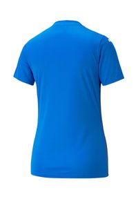 Maglietta sportiva blu a maniche corte con una texture liscia. Presenta un collo rotondo e un design a pannelli laterali contrastanti con motivo geometrico.