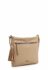 Beige leather crossbody bag with textured finish, front zip pocket, and decorative tassel detail. Adjustable strap for versatility.
