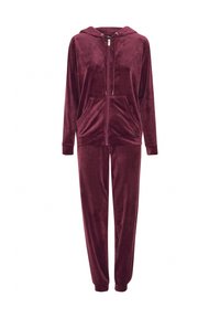 Survêtement en velours bourgogne avec une veste à capuche zippée, des poches avant et des poignets élastiques sur le pantalon pour le confort et la chaleur.