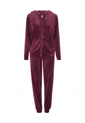 Burgunderfarget velour treningsdress med glidelåshette, frontlommer og elastiske mansjetter på buksene for komfort og varme.