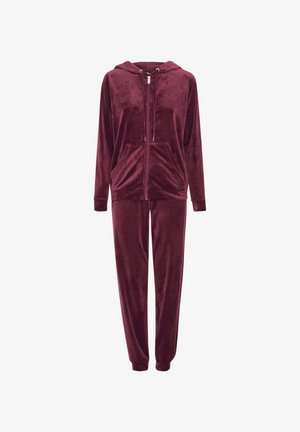 Tuta in velluto borgogna con felpa con zip, tasche frontali e polsini elasticizzati sui pantaloni per comfort e calore.