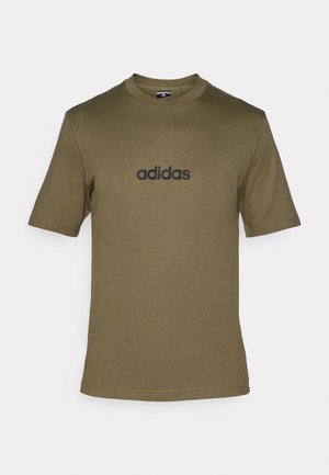 T-shirt in cotone verde oliva con collo rotondo, maniche corte e logo "adidas" nero stampato sul davanti. Texture liscia.