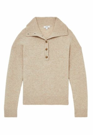 Pulover tricotat bej cu guler, trei nasturi și margini ondulate la tiv și manșete. Textură moale și croială lejeră.