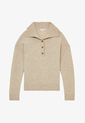 Pulover tricotat bej cu guler, trei nasturi și margini ondulate la tiv și manșete. Textură moale și croială lejeră.