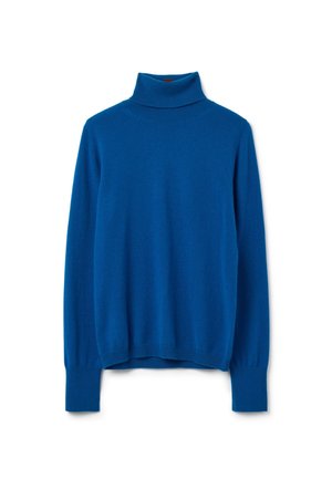 Pull en col roulé bleu, fabriqué en matériau doux, avec des manches longues, des poignets côtelés et une coupe décontractée avec une texture lisse.