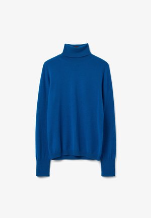 Maglione a collo alto blu, realizzato in materiale morbido, con maniche lunghe, polsini a coste e una vestibilità rilassata con una texture liscia.