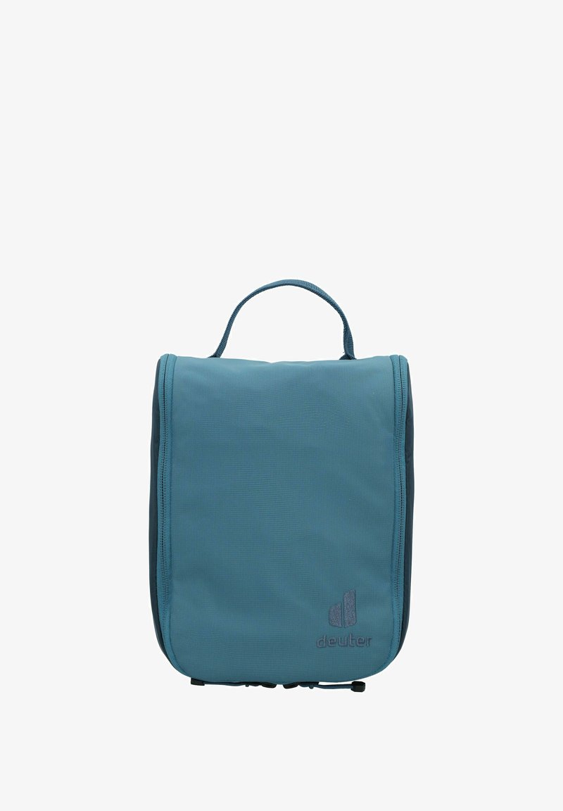 Neceser de nailon en color azul verdoso con una forma rectangular simple, cierre de cremallera y un asa en la parte superior. Presenta un sutil logotipo en la parte frontal.