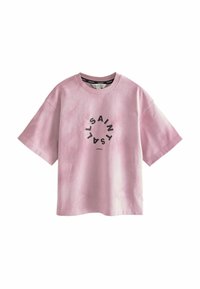 Rožinė per didelė medvilninė marškinėliai su trumpomis rankovėmis. Panaudota apvali juoda grafika su užrašu „ALL SAINTS LONDON.“