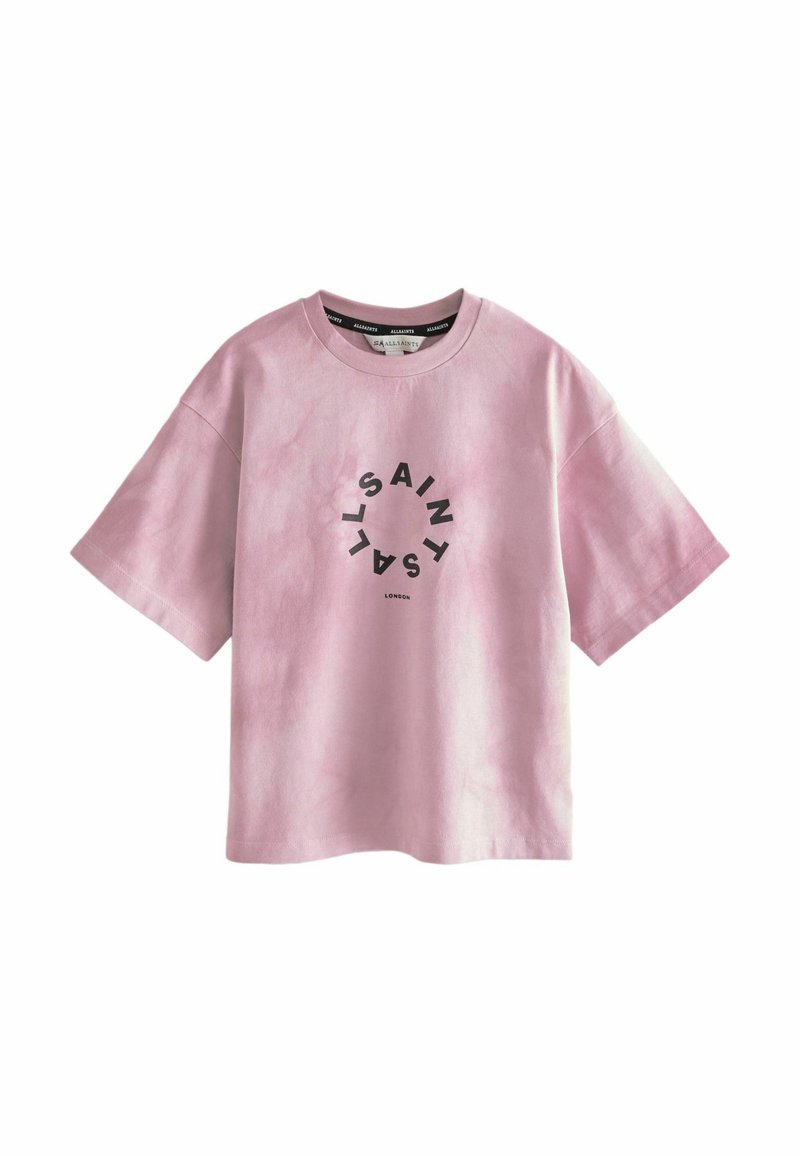 Rožinė per didelė medvilninė marškinėliai su trumpomis rankovėmis. Panaudota apvali juoda grafika su užrašu „ALL SAINTS LONDON.“