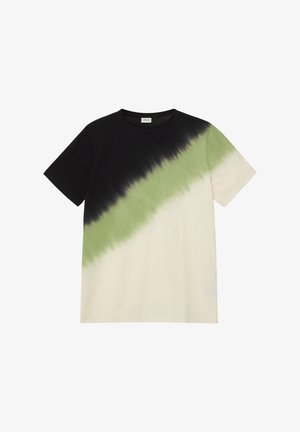 Koszulka z krótkim rękawem i okrągłym dekoltem z diagonalnym wzorem tie-dye w kolorach czarnym, oliwkowozielonym i ecru.