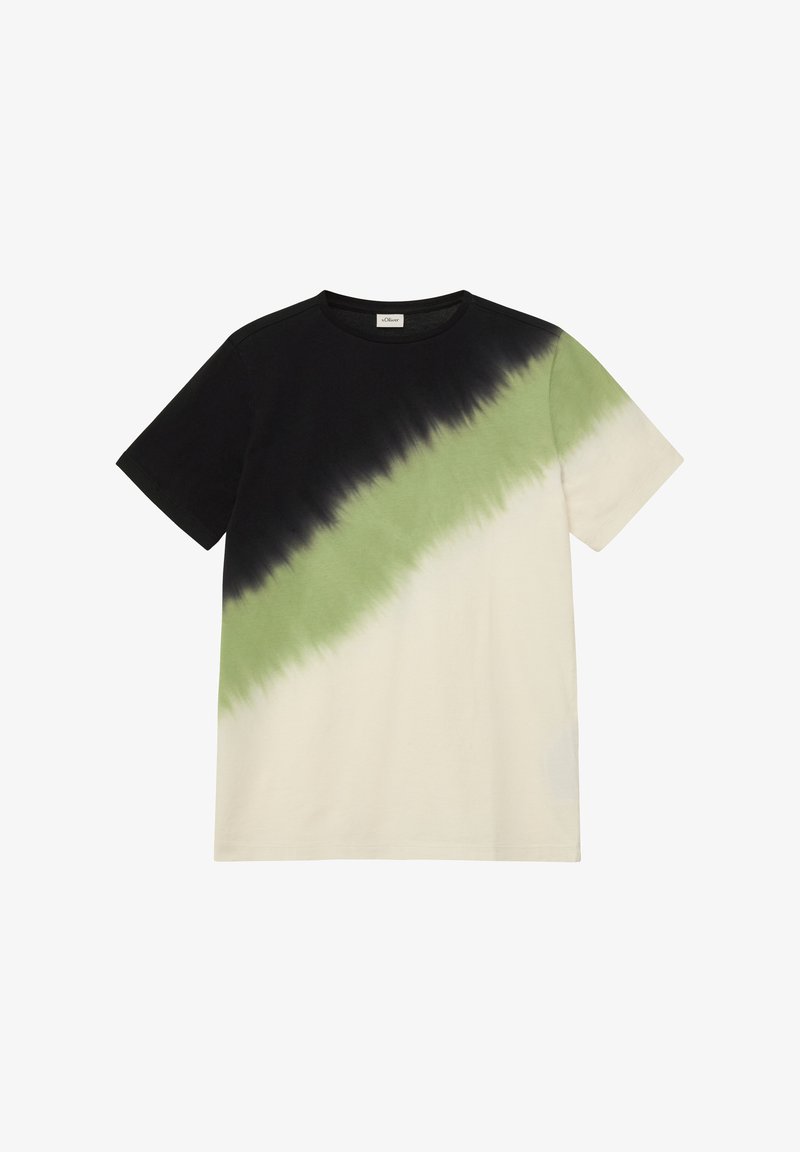 Koszulka z krótkim rękawem i okrągłym dekoltem z diagonalnym wzorem tie-dye w kolorach czarnym, oliwkowozielonym i ecru.