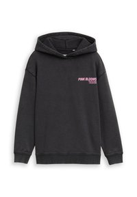 Zwarte hoodie van zachte stof, met een kangoeroezak, geribbelde manchetten en een bedrukte "PINK BLOOMS" logo op de borst in het roze.