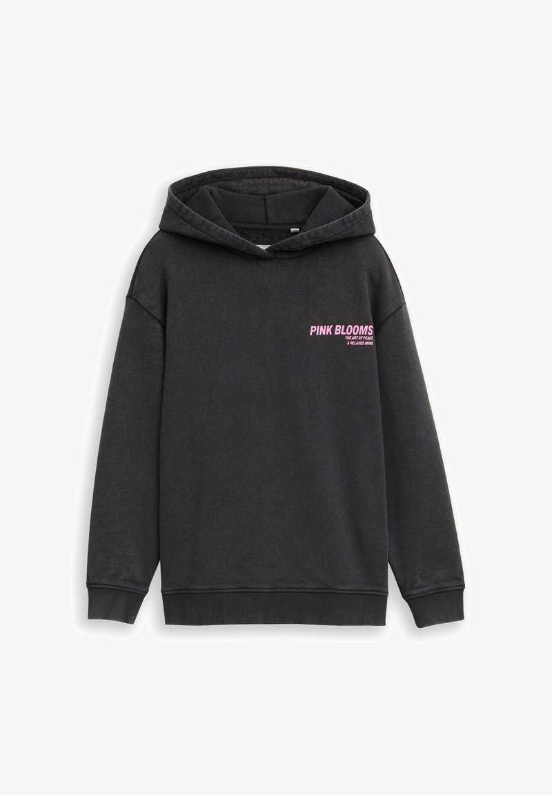 Sort hoodie lavet af blødt stof, med en kængurulomme, ribbede manchetter og et trykt "PINK BLOOMS" logo på brystet i pink.