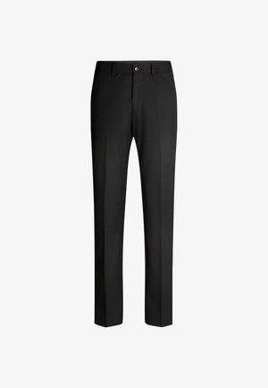 Black formal straight-leg trousers with belt loops and front button closure, displayed against a white background.