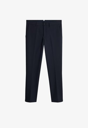 Marineblauwe op maat gemaakte broeken met riemlussen, frontale knoop- en ritsluiting, zijzakken en een slanke, rechte pasvorm.