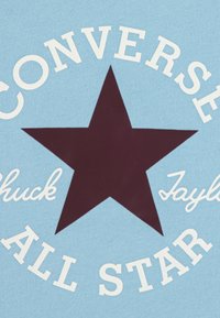 Svijetloplavo platno s velikom tamnom zvijezdom te bijelim tekstom "Converse" i "Chuck Taylor All Star" u kurzivu.