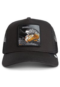 Schwarze Kappe mit einem strukturierten Patch, der ein detailliertes gesticktes Schlangendesign in Grau, Orange und Weiß zeigt. Netzeinsätze für Atmungsaktivität.