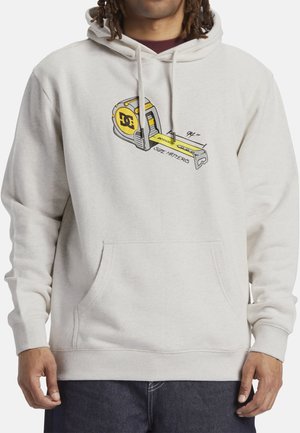 Light gray hoodie featuring a front pocket, drawstring hood, and a graphic of a yellow tape measure with "Size Matters" text.