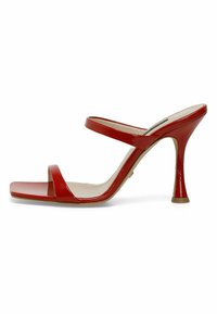 Red patent leather heeled sandals featuring two thin straps, a square toe, and a sculpted stiletto heel. Smooth, shiny texture throughout.