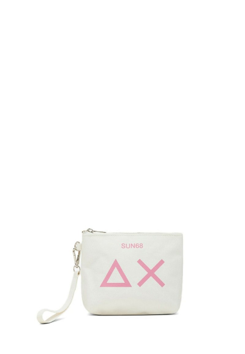 Borsa in tela bianca con cerniera superiore, caratterizzata da design geometrici rosa e logo "SUN68". Include un manico rimovibile.