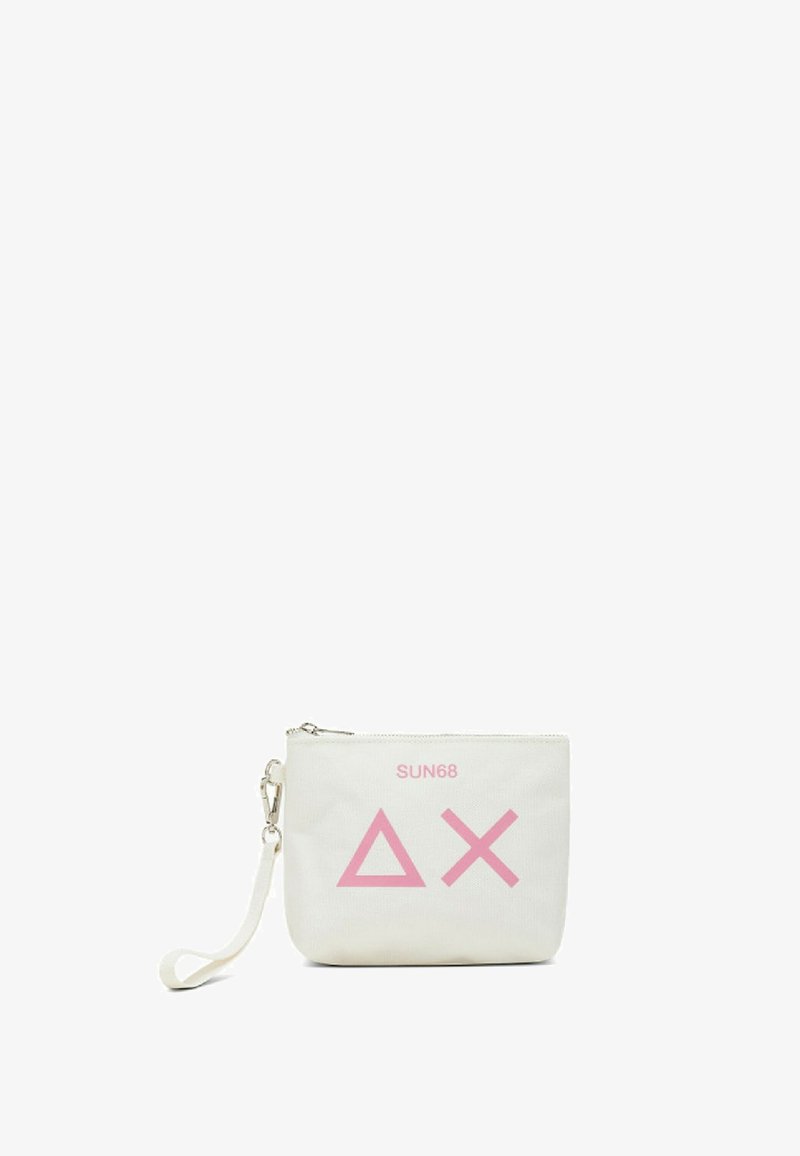 Borsa in tela bianca con cerniera superiore, caratterizzata da design geometrici rosa e logo "SUN68". Include un manico rimovibile.