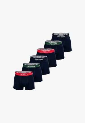 Sex par marinblå boxershorts med kontrasterande midjeband: röd, grön och vit, med Lacoste-logotypen. Mjuk bomullsmaterial.