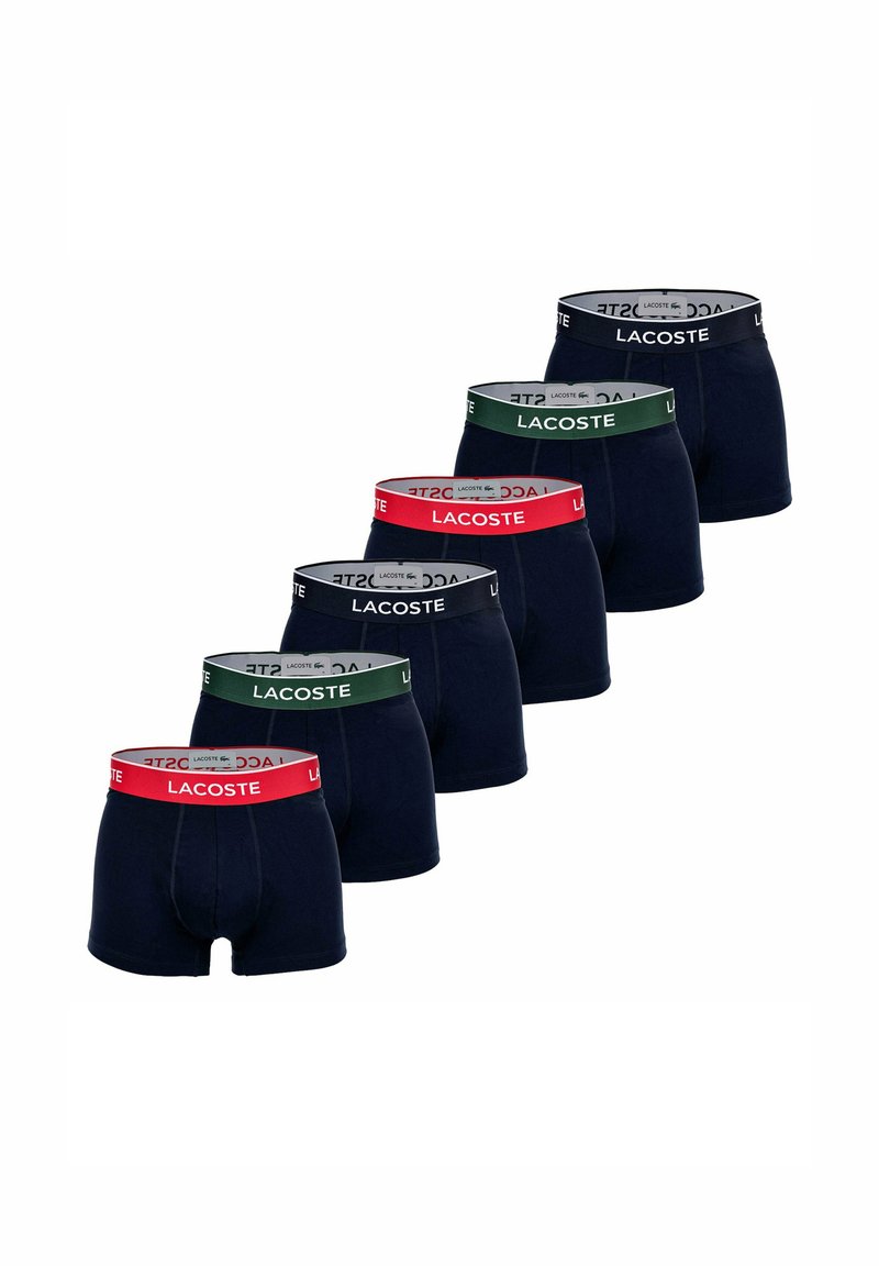 Sei paia di boxer blu navy con cinture a contrasto: rosso, verde e bianco, con il logo Lacoste. Materiale in cotone morbido.