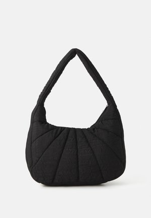 Black quilted hobo bag with a textured finish, curved design, and a wide shoulder strap; features a zip closure and pleated detailing.