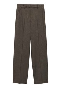 Pantalons bruns ajustés en tissu texturé, présentant une jambe droite, des plis avant et une taille standard.